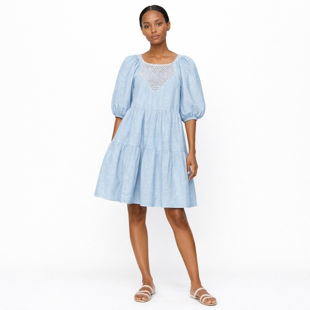 Lilly Pulitzer Charlet Blue Linen Puff Sleeve Dress‎ Eyelet Pockets 10 Resort